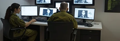 Prompt: three IDF soldiers (2 females 1 male) sitting at a desk with multiple monitors and a laptop in front of them, all of which are on the same desk, Edward Ben Avram, les automatistes, cybernetics, computer graphics