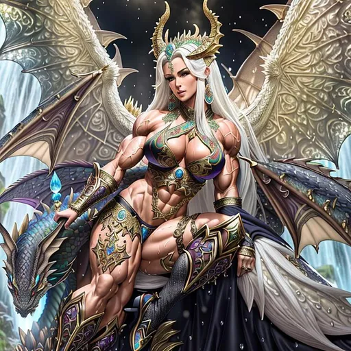 Prompt: {{{{highest quality full body splash art masterpiece, hyperrealistic, hyperrealism, {{female character of Tiamat Mother of The all Chromatic Dragons}}, {{Fantasy land of Ancient Britain Background}} intricately hyperdetailed, hyperrealistic intricate details, muscular muscle definition female bodybuilder, wet with sweats all over her body, perfect face, perfect body, thick hairy armpits, perfect anatomy, black crown, perfect composition, approaching perfection, Detailed and Intricate, Detailed Render, 3D Render, Unreal Engine, by Greg Rutkowski, Concept Art, dark, DnD, fantasy, blood dripping from her mouth, red blood eyes,

}}}}