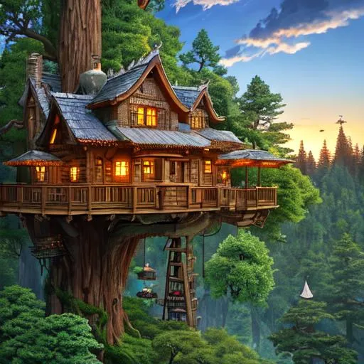 Prompt: rustic fantasy treehouse on top of a gigantic 150m redwood, lanterns, high in the sky, sunset, clouds, high above other trees, Azulejo, ultrarealistic, world masterpiece, rule of thirds, hyperrealistic, super detailed, HDR, 8k, high quality, trending on artstation, pixv, by studio ghibli, by larry elmore, unreal engine 5 