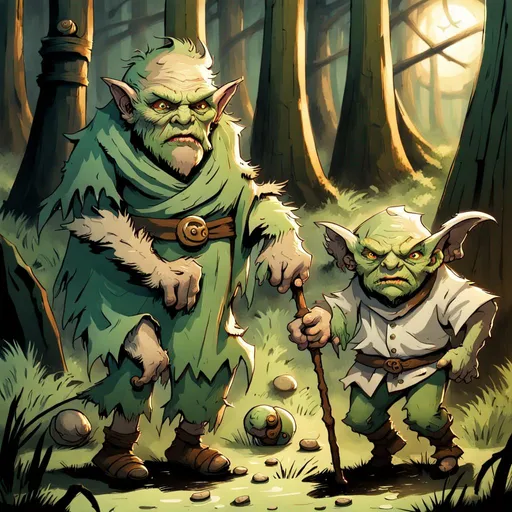 Prompt: One elderly and overweight goblin walking through a forest with a staff in his hand. The goblin is wearing ragged burlap clothing. The goblin has green skin.