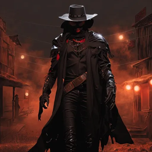 Prompt: Cyber Cowboy with 4 Arms, fiery red Poncho, Dressed in black duster and Stetson Cowboy Hat, with Red eyes, Haunting Presence, Intricately Detailed, Hyperdetailed, Desert Wild West Landscape, Dusty Midnight Lighting, Wild West Feel