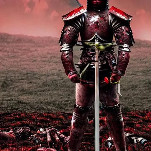 Prompt: A knight with blood red katana standing on a field full of corpses. 