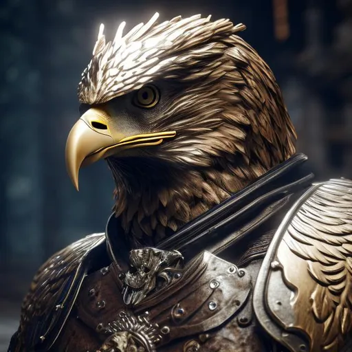 Prompt: Eagle, military shield, chest shield, detailed, laser eyes, crown, portrait, straight looking, steady eyes, 8K realistic, unreal engine