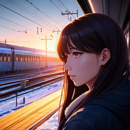 Prompt: A detailed portrait of a Lo-fi girl standing on a train station, gazing out to the horizon, illuminated by a winter sunset, by Alex Konstad, Tatsuya Ishida, and Patrick Brown, dramatic lighting, hyper-realistic details, with digital painting techniques, trending on Artstation, cinematic lighting, Japanese station