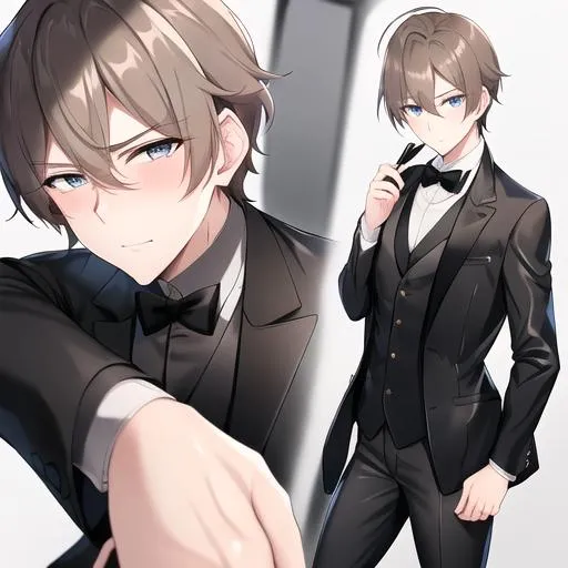 Prompt: Alex 1male. Short light brown hair. Soft and mesmerizing light grey eyes. Wearing a sleek black button-up shirt, paired with tailored black pants and shiny leather shoes. He completes the look with a stylish black vest and a classic black bow tie. UHD, 8K, standing behind a bar counter, blushing