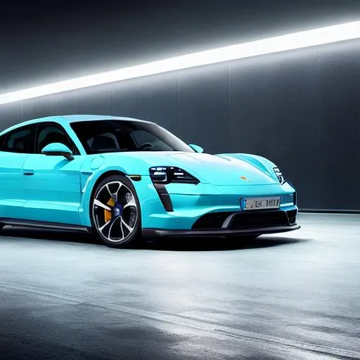 Prompt: Porsche taycan in very light blue, neon lighting in background, studio, mist in background, cinematic lighting