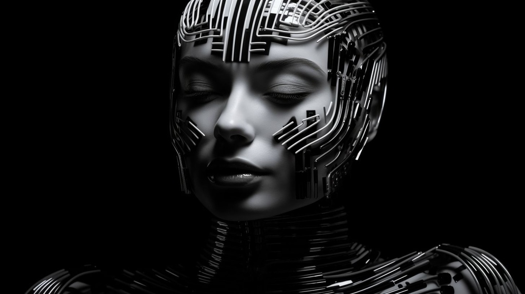 Prompt: sculpture of a woman wearing a shirt, in the style of futuristic digital art, mechanized abstraction, 8k resolution, black and white portraits, circuitry, depth of field, strong facial expression