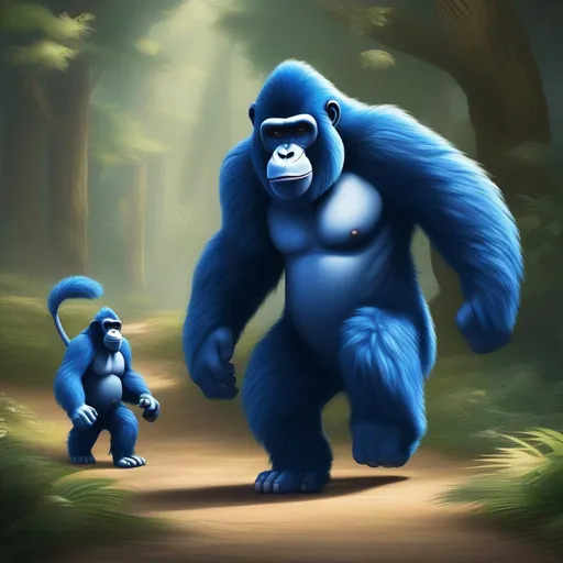 Prompt: A Blue Furred Ape with a long tail dragging behind them, 