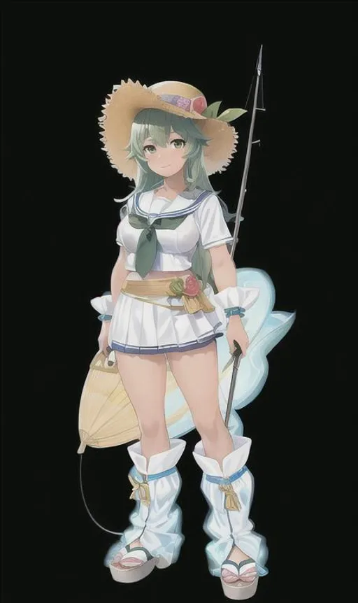 Prompt: anime opening Full-body detailed masterpiece, fantasy, high-res, quality upscaled image, perfect composition, blue moonlight background. An unbelievably beautiful and cheerful woman. She has olive green hair and a tan skin tone. She wears a hat decorated with flowers. She has a sailor's outfit and carries a fishing rod.