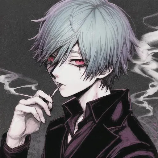 Prompt: anime boy, dark, cute, pretty boy, smoking, tokyo ghoul, by Sui ishida