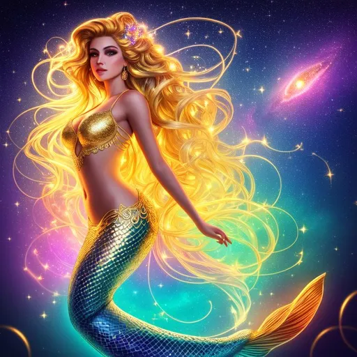 Prompt: A beautiful mermaid, large nose, ((intricate long flowing multicolored hair)), (gold filigree hair decoration), tan skin, ethereal, luminous, fireflies, deep ocean, neon light trails, glowing, nebula, dark contrast, celestial, trails of light, sparkles, 3D lighting, celestial, gold filigree, soft light, vaporwave, fantasy