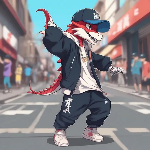 Prompt: a dragon wearing hiphop attire with anime cap  dancing on a street