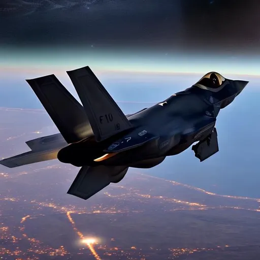 Prompt: F-35 fighter jet flying through the night air with stars in the background and make half of the jet semi-transparent
