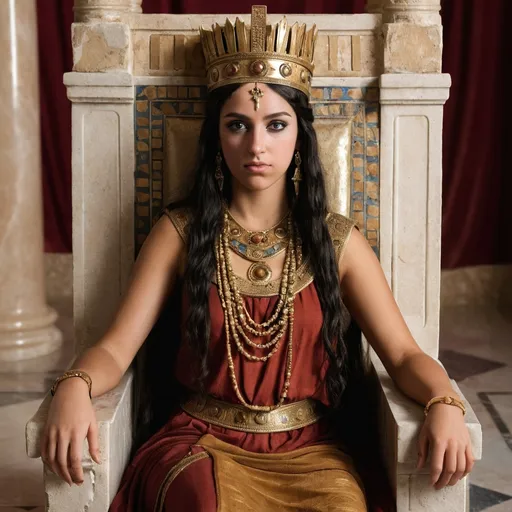 Prompt: In the throneroom of the royal palace in 4th century BC Carthage. Sitting on her throne is a full length 16 year old Carthaginian queen. She is wearing  royal Carthaginian clothing. She has black Carthaginian hair, brown eyes, a small nose and a full mouth. She is wearing Carthaginian make-up and face and body jewellery.