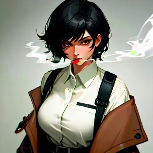 Prompt:  (female, short black hair) Smoking, thug, 8k, UHD, Highly detailed, detective