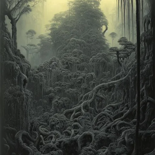 Prompt: monochrome, H.R. Geiger, beksinski, floatinging rainforest jungle, dense, hellish, monsters, trees, lava