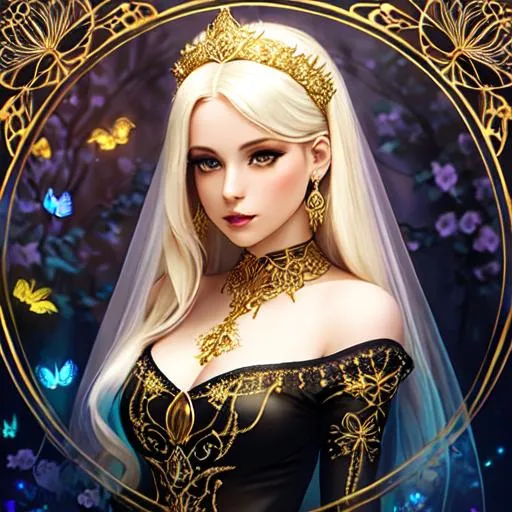 Prompt: Chiaroscuro, full-body painting of a beautiful pale-skinned princess ((((beautiful full body)))), ( platinum blonde hair with flowers, messy), ropes, ((night castle background)), bioluminescent, (wearing intricate jewelry) gold gothic flowing dress with golden filigree details and ornamental jewelry, vines, delicate, soft, fireflies, spiders, spider webs, webs, silk, threads, ethereal, luminous, glowing, dark contrast, celestial, highly detailed face, ribbons, trails of light, 3D lighting, soft light, vaporware, volumetric lighting, occlusion, Unreal Engine 5 128K UHD Octane, fractal, pi, fBm, mandelbrot