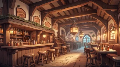 Prompt: Fantasy illustration of a huge medivial tavern, cartoon style, pastel color scheme, fantasy setting, detailed facial expression, tavern interior with wooden textures, soft and warm lighting, whimsical atmosphere, intricate details, cozy and lively background, high resolution, ultra-detailed, HD rendering.