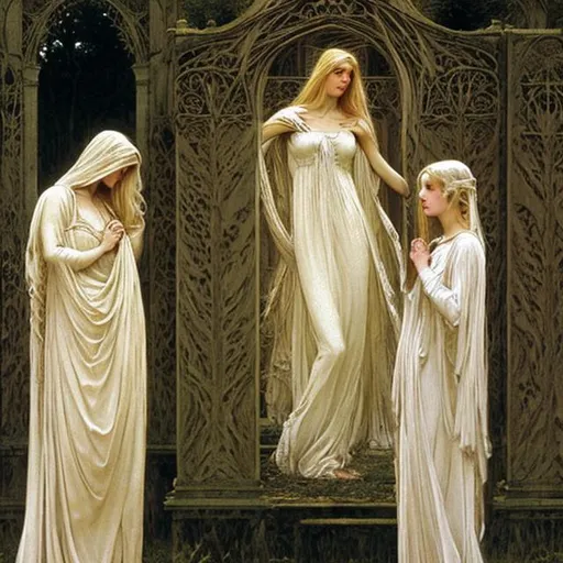 Prompt: Pretty blonde vampire woman, long white dress, in a graveyard, Dark Fantasy, style of Albert Joseph Moore