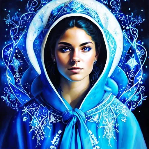 Prompt: Portrait of an ancient ice mage dressed in a wonderful deep blue robe embroidered with magical symbols, Menacing, Majestic, hyperrealistic, super detailed, 8k, high quality, sharp focus, intricate detail, highly detailed, UHD, 8k, high quality, oil painting, hyper realism, Very detailed, clear visible face