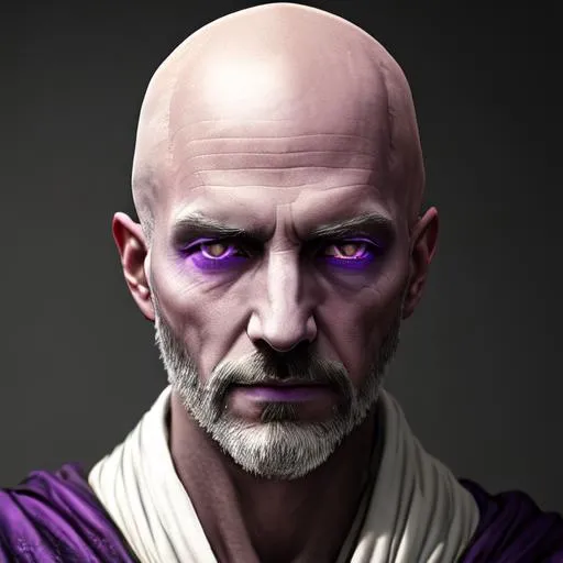 Prompt: Bald, old, dirty robes, necromancer, fantasy, purple eyes, skinny man, UHD, 8k, high quality, ultra quality, perfect composition, trending art, trending on artstation, sharp focus, studio photo, intricate details, cinematic lighting, special effects, hyper realism, hyper realistic, Very detailed, high detailed face, high detailed eyes, oil painting, full body, full view