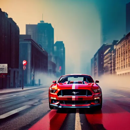 Prompt: Color splash wide photo of a red Ford mustang in the middle of an empty street, detailed, mist soft vignette
