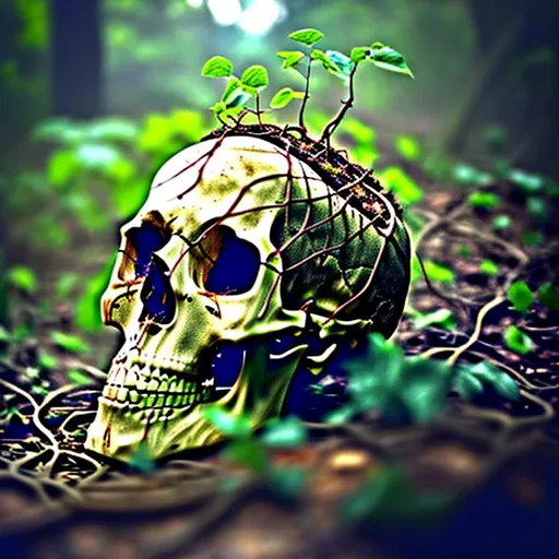 Prompt: Skull laying on the ground with vines growing through it