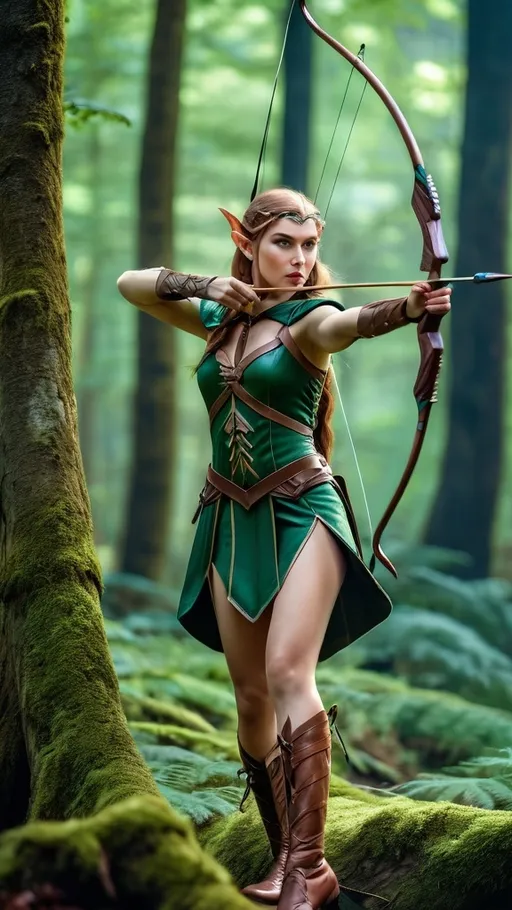 Prompt: Generate an image of an Action scene, surreal image, A beautiful Elf woman shooting an arrow, pointed ears, beautifully carved wood bow, While she was drawing the bow at camera, shining brightly, She is wearing very elegant Elvish clothing, retro knee-high leather shoes, Random fighting pose, In large, lush fantasy forest, UHD, 8k