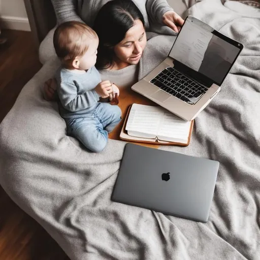 Prompt: generate a picture of a mother with an open laptop in her knee in center, with a infant child to her left on a gray blanket on a wooden floor, mother is writing on a notepad on her right side and there is a coffee table to her right with a phone, cup of coffee on it