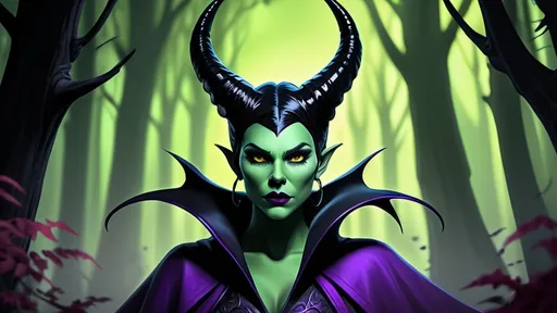 Prompt: Animatic Maleficent-inspired, dark fantasy illustration of a powerful animated Disney sorceress, Katheryn Winnick facial twin with green skin, cute facial traits, green skin, green teint, yellow eyes, red lips, high cheekbones, ominous and magical atmosphere, rich dull purple and black tones, murky mystical forest setting, intricate and detailed horns, piercing and intense gaze, flowing and dramatic purple cloak, high-quality, digital painting, fantasy, dark tones, magical, detailed horns, powerful sorceress, atmospheric lighting, skulls and bones laying around