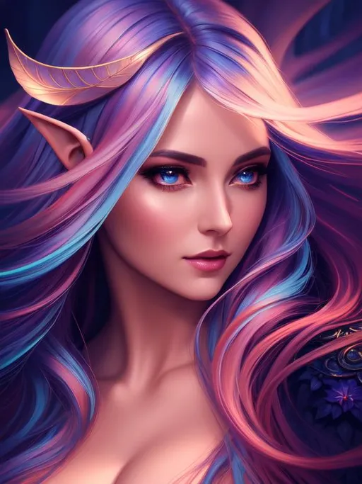 Prompt: Oil painting, Chiaroscuro, landscape, UHD, 8K, highly detailed, panned out view of the character, visible full body, a hyperdetailed mage elven woman, hyperdetailed long fantasy colored hair, masterpiece, hyperdetailed full body, hyperdetailed feminine attractive face and nose, complete body view, ((hyperdetailed eyes)), perfect body, perfect anatomy, beautifully detailed face, alluring smile, ((fantasy_gown1.3)), small chest