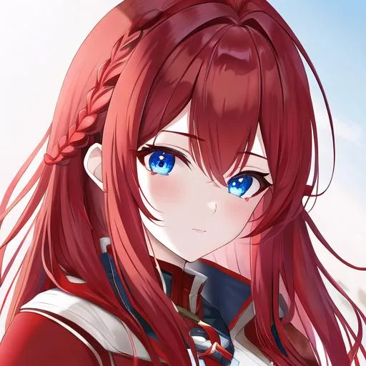 Prompt: Haley 1female (braided red hair pulled back, lively blue eyes), highly detailed face, 8K, UHD, wearing a red riding hood outfit