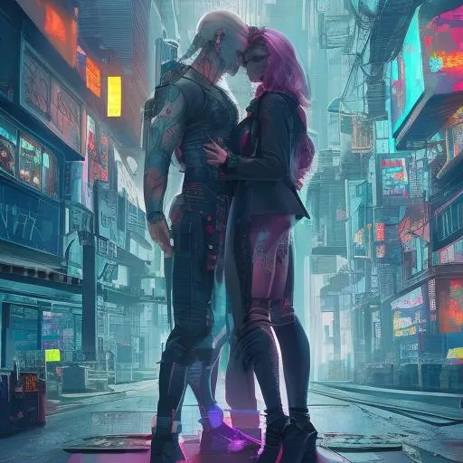 Prompt: Man and woman, embracing, corporate, pharmaceutical, radiation,  colorful, gothic, stalker, tattoos, cyberpunk, mech, red fire
