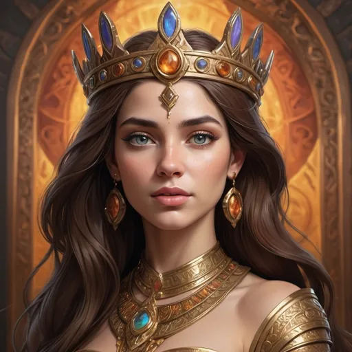 Prompt: Create a hyper realistic gaming/Disney artistic cartoon Full  body portrait of a powerful and beautiful young queen who embodies the combined essence of Hathor, Demeter, Lakshmi, Aphrodite, Freya, Gaia, and Amaterasu, infused with a Game of Thrones and Lord of the Rings fantasy aesthetic. She should have a symmetrical, ideal face with highly detailed, glossy eyes that radiate warmth, wisdom, and power. Her skin should be intricately detailed, with visible pores and a natural, warm-toned glow, reflecting a golden or peachy hue. Her deep brown hair flows like a waterfall, complementing her elegant, ornate attire that blends regal armor with ethereal, flowing robes, adorned with intricate details. The queen's expression should exude confidence, beauty, and grace, capturing her divine nature and her role as a leader in a mystical, ancient world. The overall image should merge these elements seamlessly, creating a photorealistic, stunningly detailed portrait that evokes a sense of awe and majesty, blending high fantasy with divine beauty.