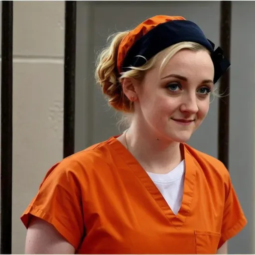 Prompt: Evanna Lynch in prison wearing orange scrubs prison uniform