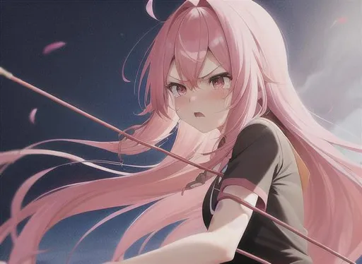 Prompt: Pink hair, long, fringe, cute, anime girl, battle, passionate, blood, bow and arrows, tears, high angle, angry