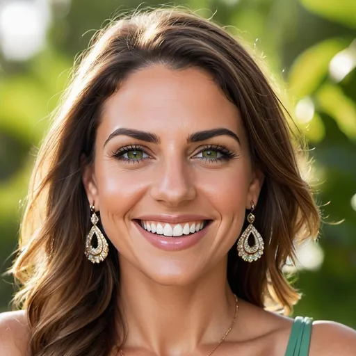 Prompt: beautiful Latina lady in her middle 30s, big smile almost perfect teeth, green eyes, brown middle hair,  jewelry, upper body, earrings, outdoors, light makeup, hyperdetailed photography, soft light, head and shoulders portrait, realism, realistic, raw, analog, portrait, photorealistic, analog, realism, cover