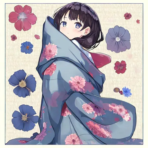 Prompt: girl wrapped in blanket of the world flowers growing around her adorable 