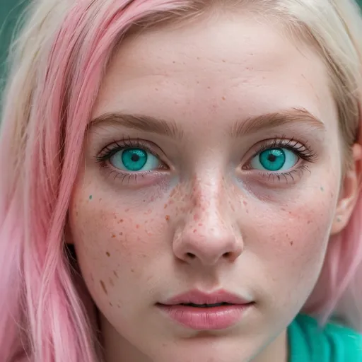 Prompt: A blonde girl with pink highlights and teal eyes zoomed in on face freckles fake
