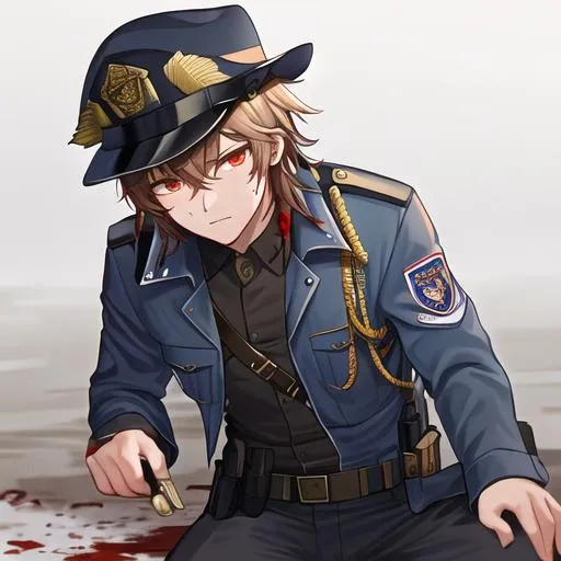 Prompt: Caleb as a police officer in a gunfight bullets flying, wounded, covered in blood, lying on the ground
