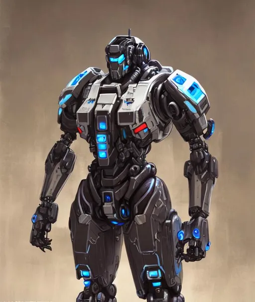 Prompt: heavy, scifi mech suit, black, blue accents, humanoid
