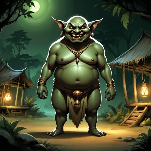 Prompt: Full body, Fantasy illustration of a toyol, small creature from malayan folklore, goblinlike appearance, 12 inches tall, chubby, dark green skin, dark eyes, pointy ears, sharp pointy teeth, playfull expression, very small, loincloth, bald, high quality, rpg-fantasy, dark and eerie lighting, detailed, malayan village background, nighttime, illustrated, art