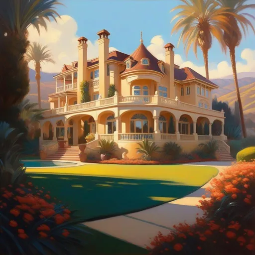 Prompt: Mansion in Southern California, cartoony, warm sunny atmosphere, extremely detailed painting by Greg Rutkowski and by Henry Justice Ford and by Steve Henderson