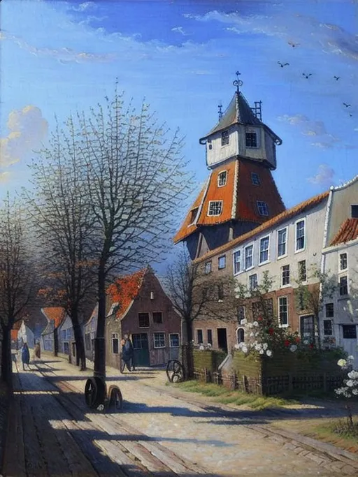 Prompt: Dutch 16th century town, cityscape, oil painting on canvas, spring, oil painting on canvas,
in a style of Gustav Pflugradt Muhle, old dutch landscape, 16th century holland