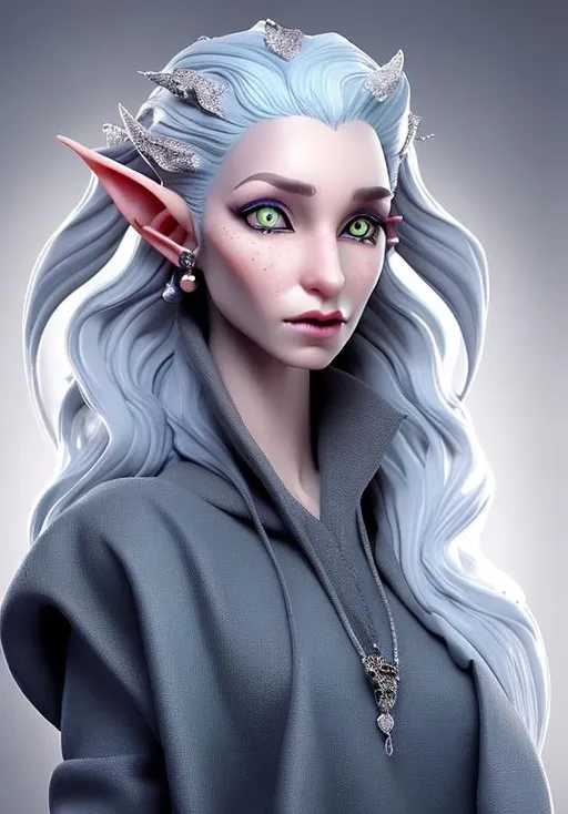 Prompt: change the color of her skin to silvery blue silver without changing the original, she is a female elf wizard with piercings, maker her photo realistic