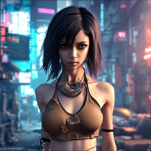 Prompt: 4k high resolution cgi anime cyberpunk style, 45 year old petite indian female, bare belly and low cut halter top, 34D chest, light brown eyes, holding a dagger in a cybernetic hand