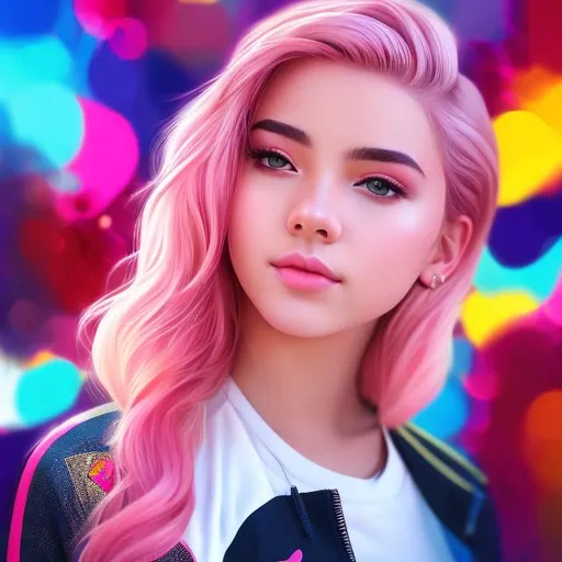 Prompt: Full body Portrait of {A teenager} with {pink} hair and with cute face, {Barcelona fans background image}, full body, perfect composition, hyperrealistic, super detailed, 8k, high quality, trending art, trending on artstation, sharp focus, studio photo, intricate details, highly detailed.