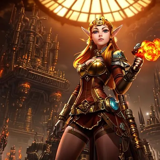 Prompt: Stunning low angle action pose::8 real Zelda(female) in steampunk outfit::10 surrounded by rusty robots, goes in elaborate bronze city as a model::6 hyper detailed::9 ultra stunning lighting, swirling amber smoke, beautiful alluring stare, gorgeous female, fit, beautifully lit, dark atmosphere, alluring pose, head shot, stunning Concept art by: Stanley Artgerm, Darek Zabrocki, and Ross Draws, beautifully color - coded, unreal render::9 --upbeta --s 1000 --q 5 --ar 1:2 --v 5