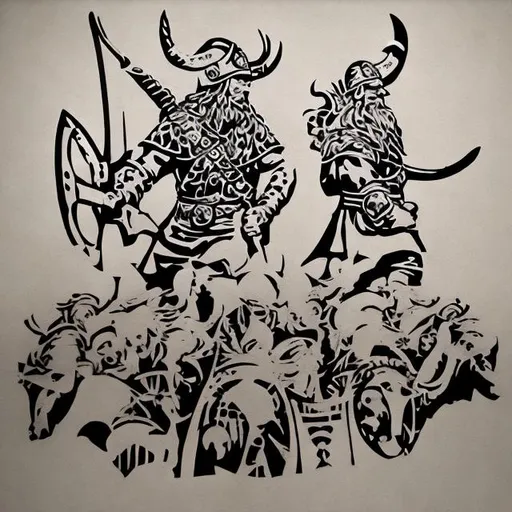 Prompt: Stencil of a viking raid 