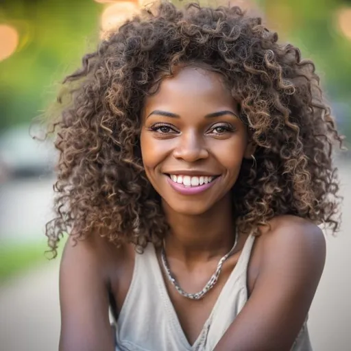Prompt: Please create a professionally taken photograph (portrait), best quality, (8k, RAW photo, best quality, masterpiece:1.2), (realistic, photo-realistic:1.4), ultra-detailed, perfect detail. African lady, light skin, model, long curly hair, smiling, perfect white teeth, light reflections, angelic cute face, blue eyes, LinkedIn office, colleagues present